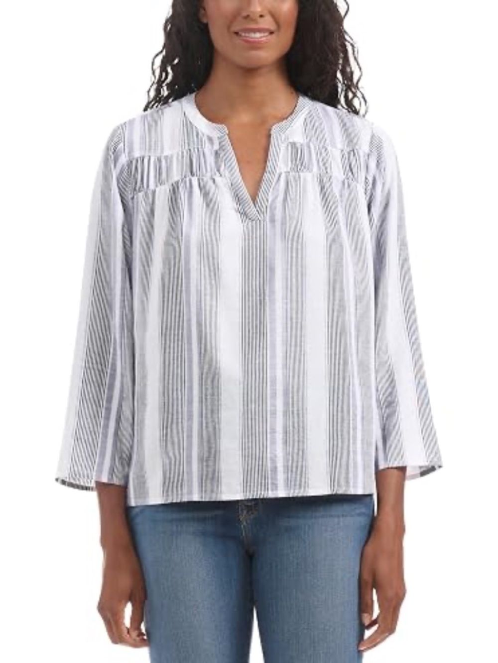 Splendid Striped V-Neck Tunic in White, Gray & Lavender Rayon Linen Blend | S